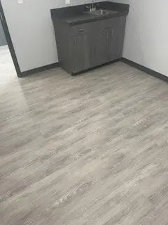 Gray cabinet installed on gray hardwood floors
